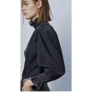 Zara The 80s Caroline Blouse Acid Wash Denim Puff Sleeve Smocked High Neck NWT